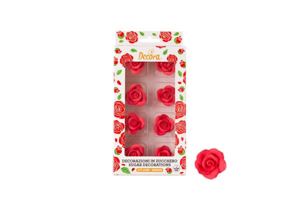 8 rose medie rosse in zucchero Ø 3,5 cm per torte e cupcakes