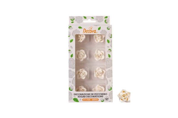8 rose piccole bianche in zucchero Ø 2 cm per torte e cupcakes