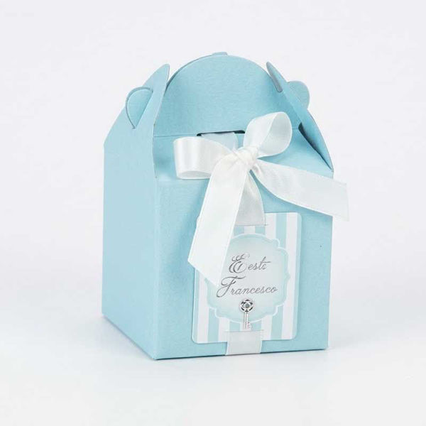 astucci portaconfetti celeste con nastro e targhetta nascita battesimo