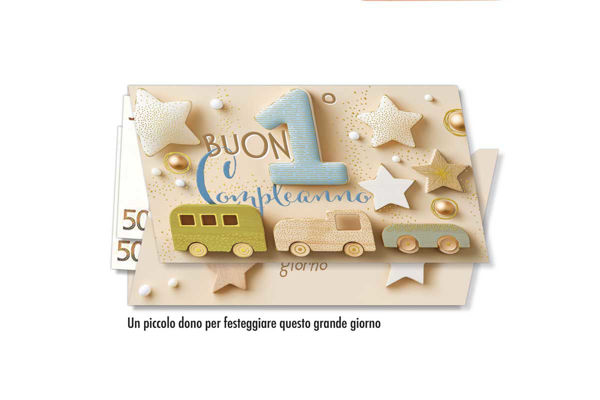 Biglietto Portasoldi Numero 1 Azzurro Primo Compleanno