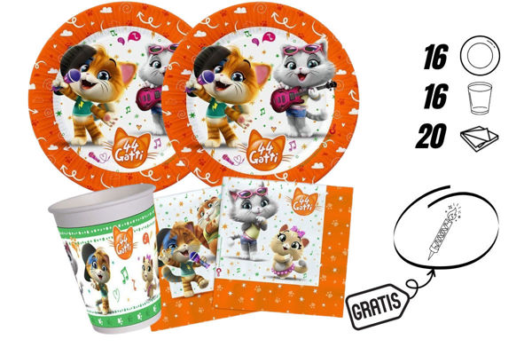 kit festa 44 gatti piatti bicchieri tovaglioli candelina