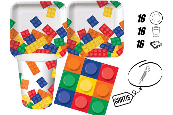 kit festa LEGO 16 persone piatti 18x18 cm bicchieri 200 cc tovaglioli