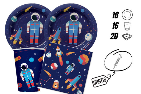 Kit Festa Astronauta 16 Persone con Piatti 18 cm Bicchieri 200 cc Tovaglioli + Candelina Omaggio