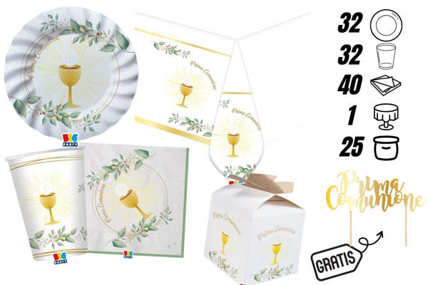 kit prima comunione olive green 32 persone completo tovaglia scatoline
