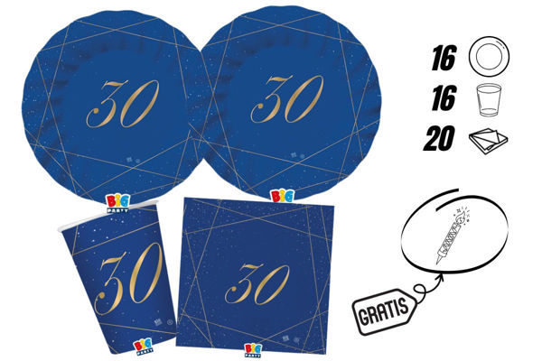 kit festa 30 anni blu gold 16 persone piatti bicchieri tovaglioli