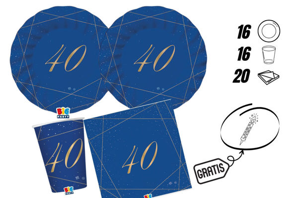 kit festa 40 anni blu gold 16 persone piatti bicchieri tovaglioli