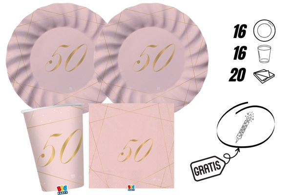Kit Festa 50 Anni Rosa 16 Persone con Piatti Bicchieri Tovaglioli + Candelina Omaggio