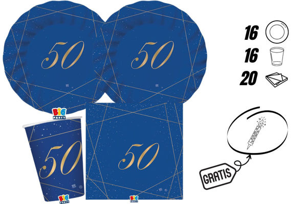 kit festa 50 anni blu gold 16 persone piatti bicchieri tovaglioli