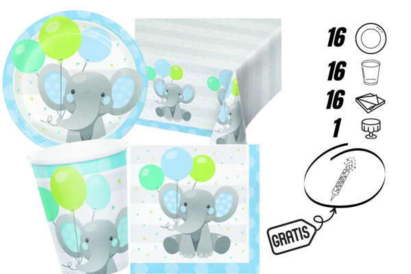 kit festa elefantino celeste con candelina omaggio 16 persone