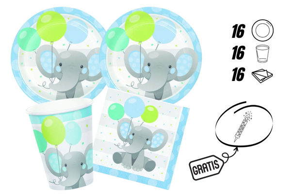 kit festa elefantino celeste con candelina omaggio 16 persone