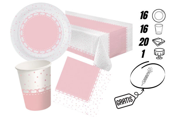 kit festa cuori rosa con tovaglia e candelina omaggio 16 persone