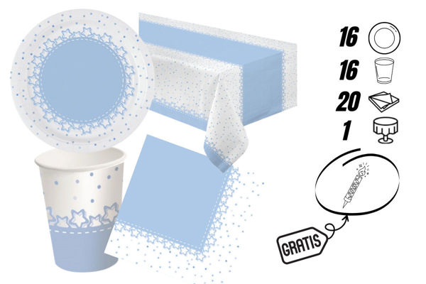 kit festa stelle azzurro con tovaglia e candelina omaggio 16 persone