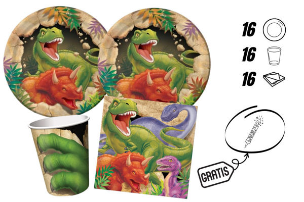 kit festa dinosauri con candelina omaggio 16 persone