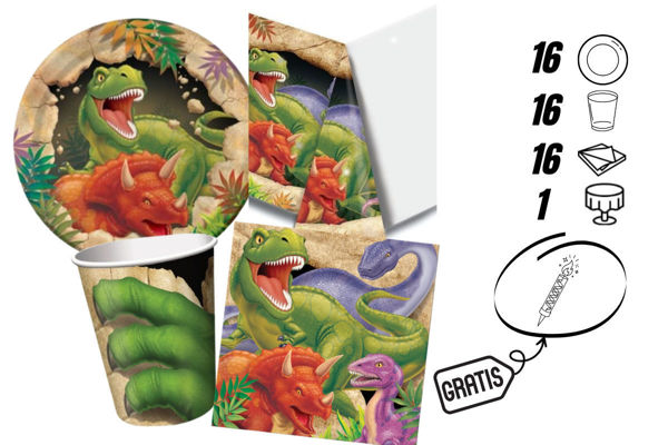 kit festa dinosauri con tovaglia e candelina omaggio 16 persone
