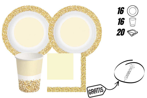 Kit Festa Glitter Oro Coordinato Tavola 16 Persone + Candelina Flambè Omaggio