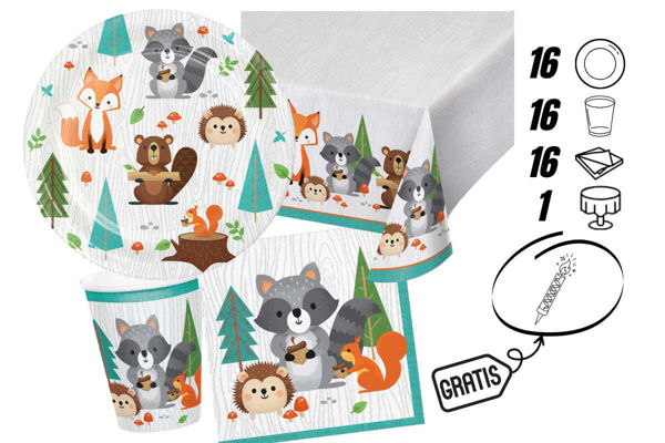 kit festa animali del bosco con tovaglia e candelina omaggio 16 persone