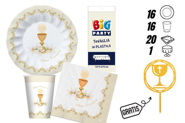 Kit comunione per 16 persone con tovaglia avorio inclusa e cake topper “Prima Comunione” in omaggio, ideale per allestimenti eleganti.