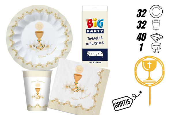 Kit Festa Comunione Coordinato Tavola 16 Persone con Tovaglia Avorio + Candelina Flambè Omaggio