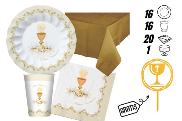 kit comunione oro con tovaglia e cake topper omaggio 16 persone
