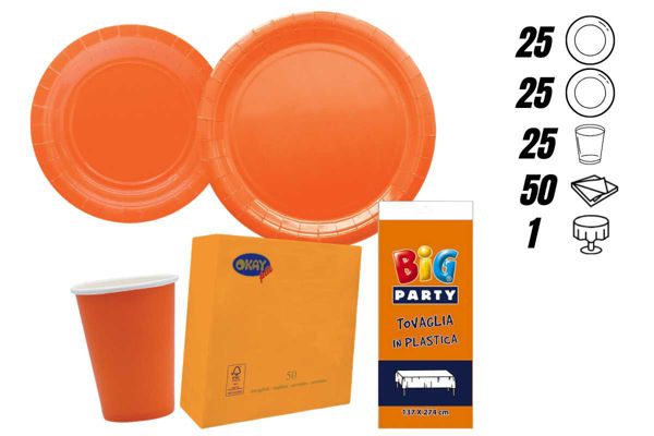 kit festa ecolor arancio 25 persone con tovaglia e posate