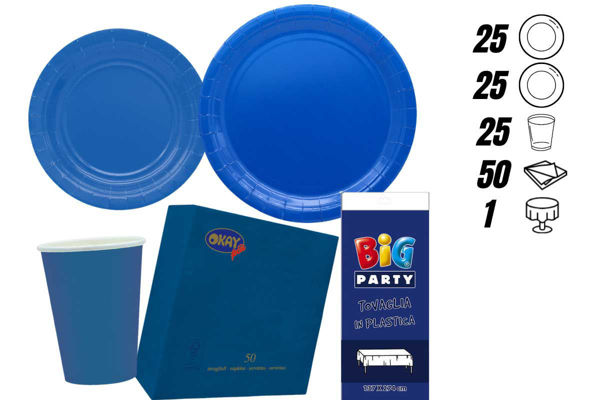 kit festa ecolor blu 25 persone con tovaglia e posate