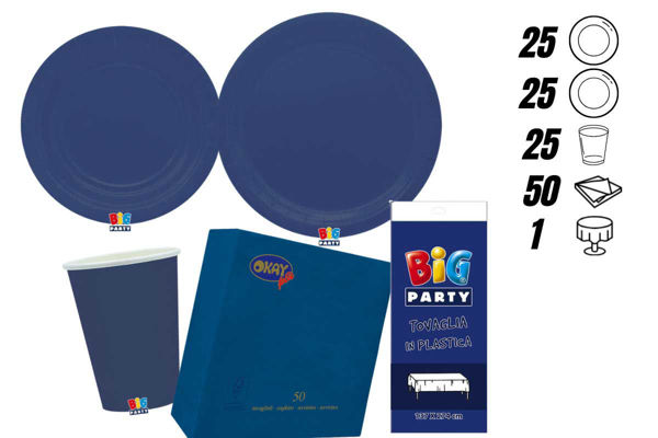 kit festa ecolor blu 25 persone con tovaglia e posate