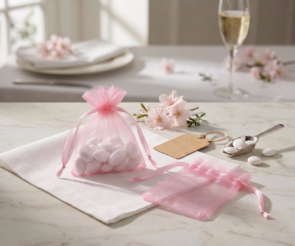Sacchetto portaconfetti organza rosa 7x9 cm