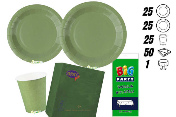 kit festa ecolor verde oliva 25 persone con tovaglia