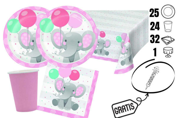 kit festa Elefantino Rosa 25 bicchieri 24 piatti tovaglia 32 tovaglioli + candelina