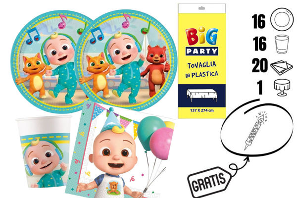 kit festa Cocomelon 16 bicchieri 16 piatti tovaglia 20 tovaglioli + candelina