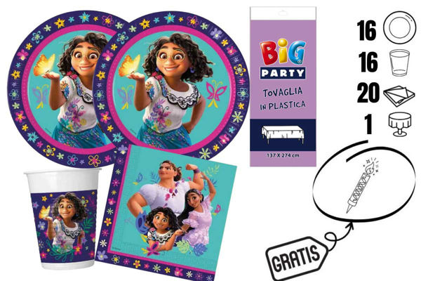 kit festa Encanto 16 bicchieri 16 piatti tovaglia 20 tovaglioli + candelina