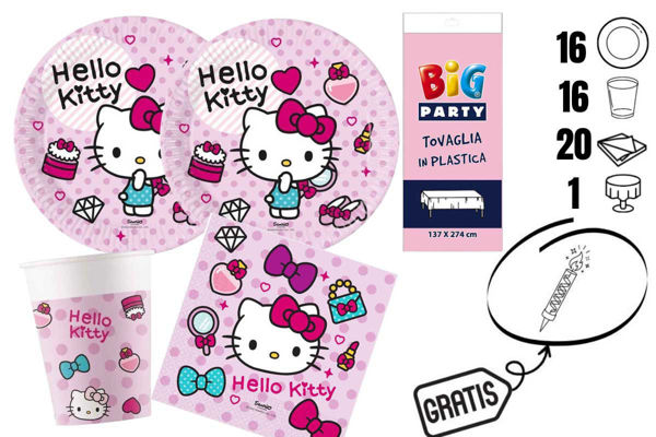 kit festa Hello Kitty 16 bicchieri 16 piatti tovaglia 20 tovaglioli + candelina