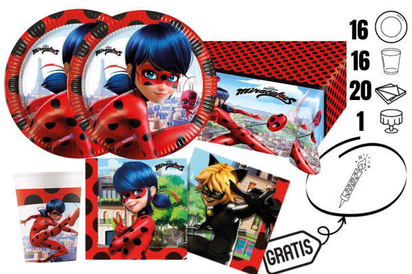 kit festa Miraculous Ladybug 16 bicchieri 16 piatti tovaglia 20 tovaglioli + candelina