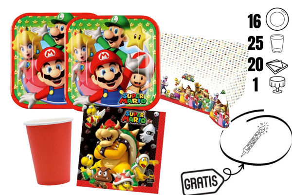 kit festa Super Mario 25 bicchieri 16 piatti tovaglia 20 tovaglioli + candelina