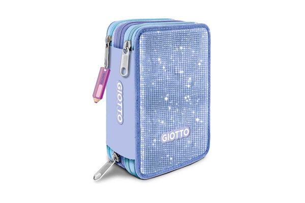 Astuccio triplo Giotto Super Crystal Viola 3 zip completo con materiale scolastico