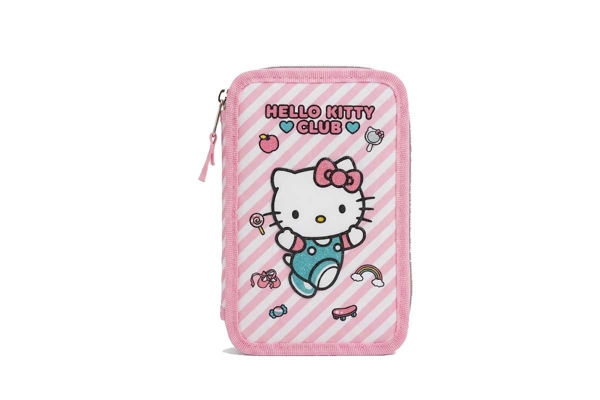Astuccio Triplo Hello Kitty con pastelli, pennarelli e accessori scolastici
