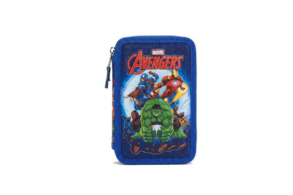 Astuccio Triplo Avengers con pastelli, pennarelli e accessori scolastici