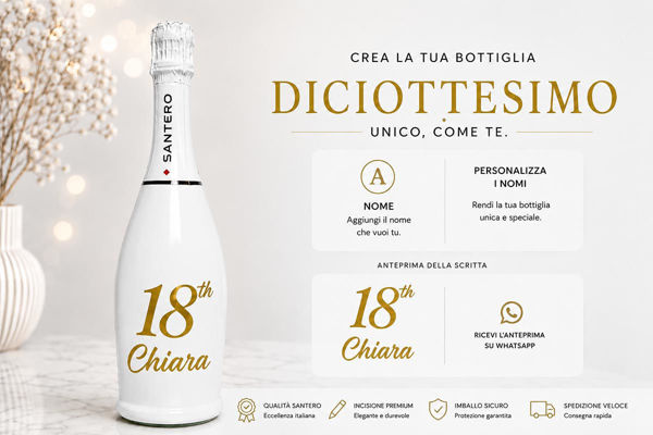 Bottiglia Santero personalizzata per 18 anni con nome in vinile adesivo