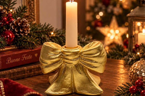 Portacandela Fiocco Oro in Poliresina
