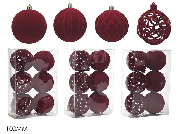 Set 6 Palle di Natale in Velluto Bordeaux Ø10 cm 3 Assortimenti