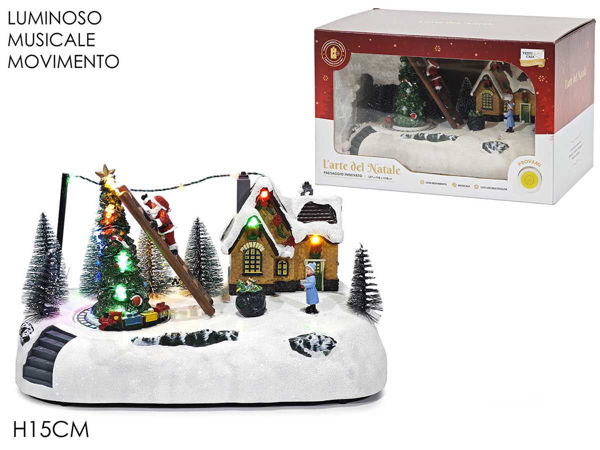 Villaggio natalizio bianco e oro H15 cm con luci musica movimento albero e Babbo Natale
