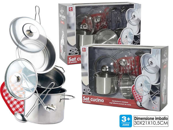 Set Cucina Giocattolo in Acciaio 8 Pezzi con Pentole e Coperchi