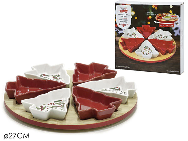 Antipastiera natalizia Vesti Casa 6 posti con ciotole albero in ceramica e base girevole bamboo Ø27 cm