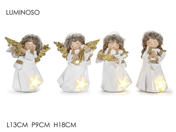 Angelo natalizio luminoso bianco e oro H18 cm con stella 4 modelli assortiti