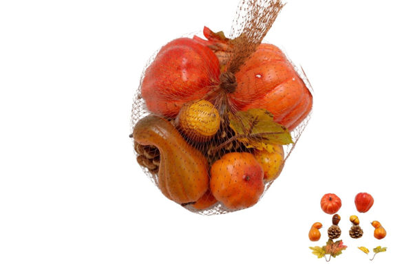 Sacchetto zucche e decorazioni autunnali assortite in plastica con pigne ghiande e foglie