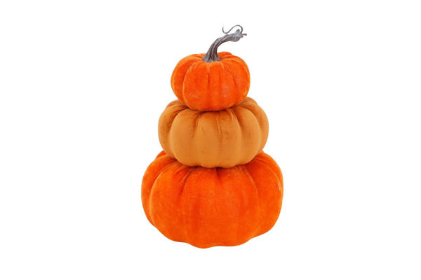Torre decorativa con 3 zucche autunnali in plastica e tessuto alta 30 cm