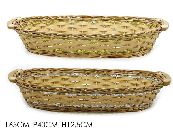 Cesta ovale decorativa in vimini 65x40x12,5 cm con dettagli oro o argento