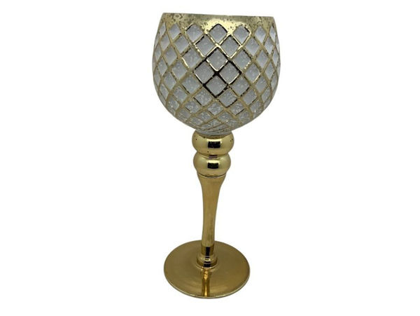 Portacandela in vetro bianco e oro alto 30 cm con coppa decorata a rombi e base dorata