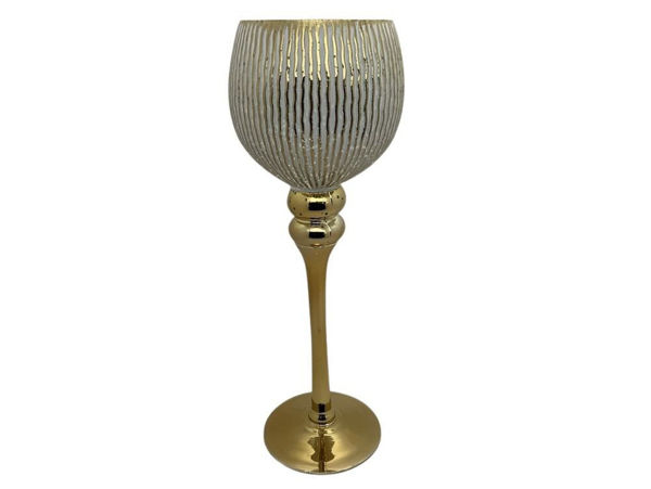 Portacandela in vetro bianco e oro alto 35 cm con coppa decorata a rombi e base dorata