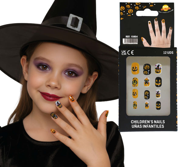 12 unghie finte bambina con disegni zucche e adesivo Guirca